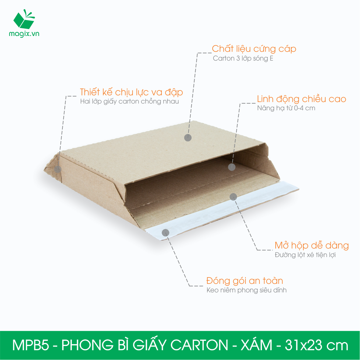 MPBN5 - 31x23 cm - Combo 60 phong bì giấy cứng đóng hàng màu nâu thay thế túi gói hàng
