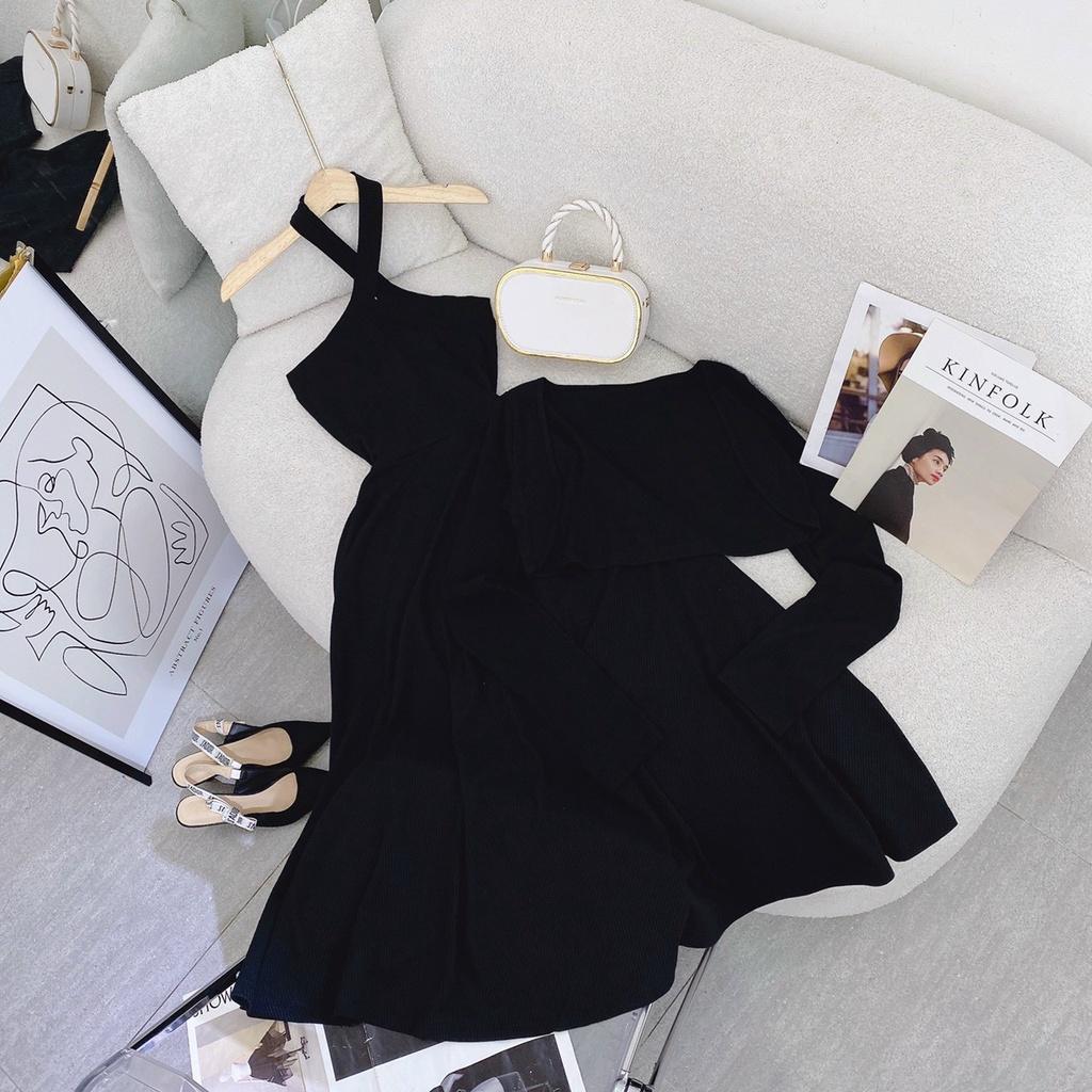 Set đầm midi đen cổ yếm xoắn kèm khoác crop tay dài