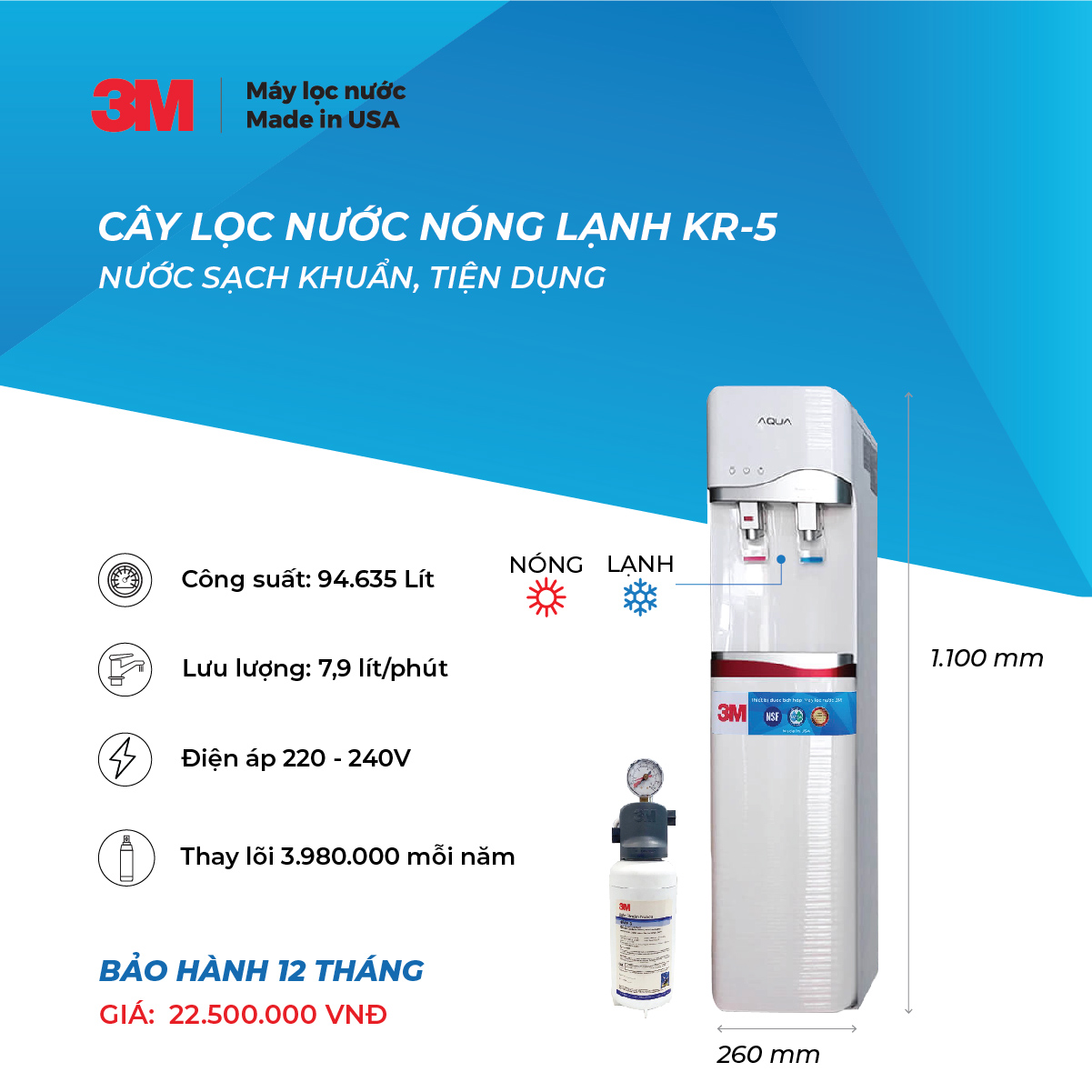 Máy Lọc Nước Nóng Lạnh 2 Vòi 3M KR5-2V - Hàng Chính Hãng