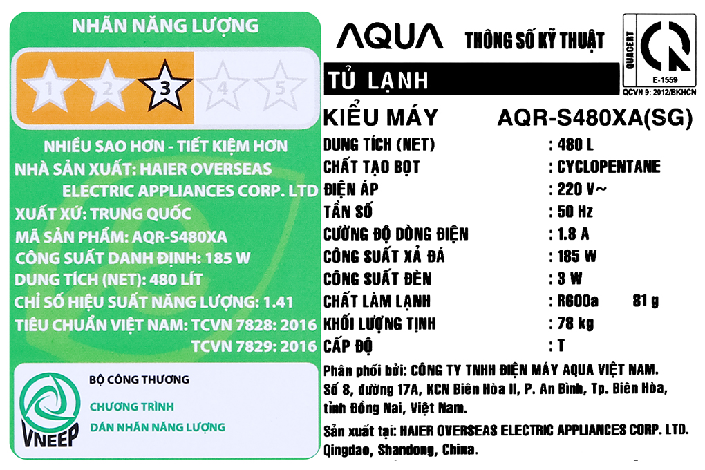 Tủ lạnh Aqua Inverter 480 lít AQR-S480XA(SG) - Hàng chính hãng - Giao hàng toàn quốc