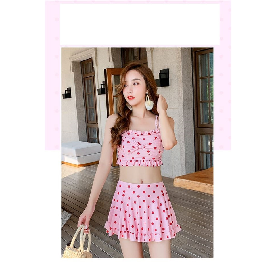 Bikini, Đồ Bơi 2 Mảnh Tôn Da Gồm áo Crop top + Quần giả váy ( BƠI CHẤM BI)