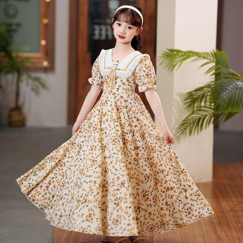 SHUANGYAN Cô gái lớn bé mùa hè váy bong bóng tay áo đầm cô gái nhỏ mùa hè phong cách phương Tây váy sinh viên ngọt ngào trên đầu gối hoa đầm dài