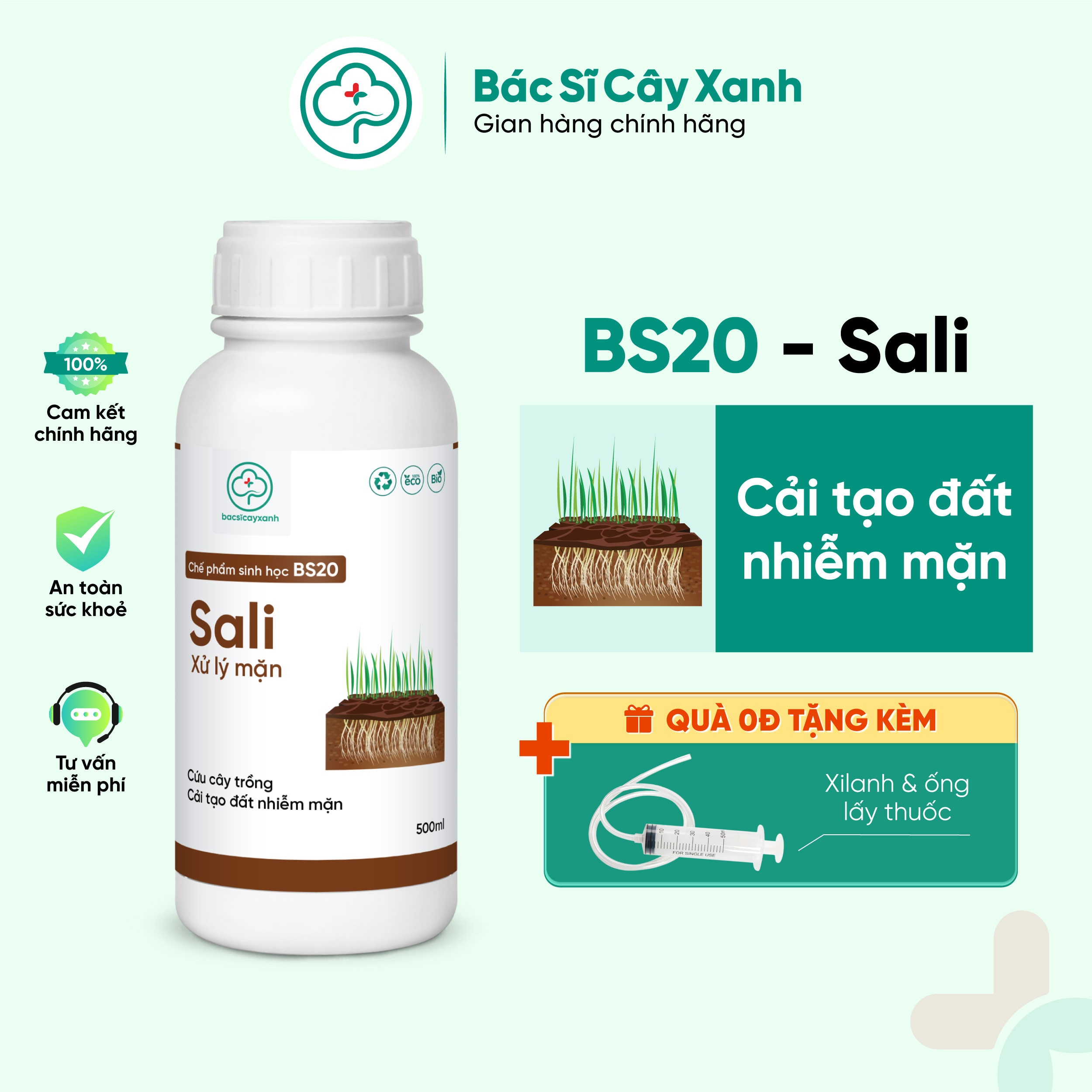 Chế phẩm xử lý đất nhiễm mặn, ra rễ thông mạch, xanh lá, tốt cây BS20 Sali 500ml NSX Bacsicayxanh