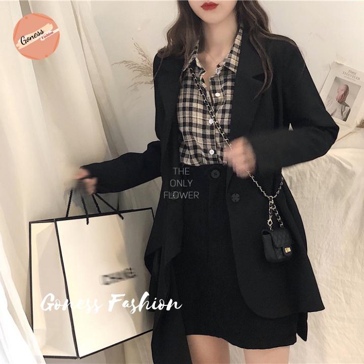 Áo sơ mi nữ Goness dài tay form rộng kiểu sơmi sọc caro đen nâu đẹp thời trang công sở đi học A14