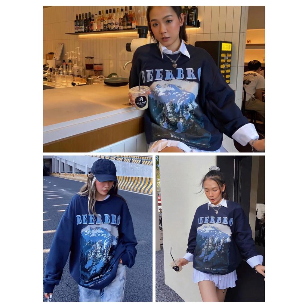 Áo Sweater Nỉ Ngoại Unisex Nam Nữ BEERBRO Màu Xanh In Hình Đồi Núi