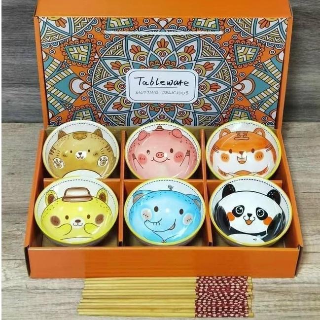 Bộ 6 bát ăn cơm hình động vật , hoa văn siêu ngộ nghĩnh kèm đũa