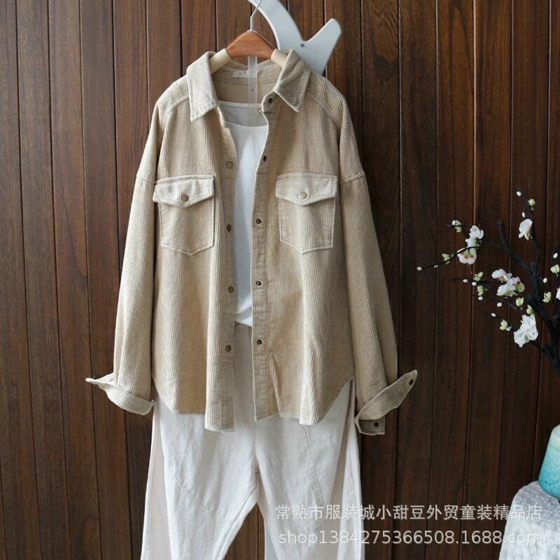 Áo sơ mi NHUNG TĂM/GÂN khoác ngoài nam nữ  freesize form rộng giấu quần unisex phong cách Ulzzang Hàn Quốc TRƠN