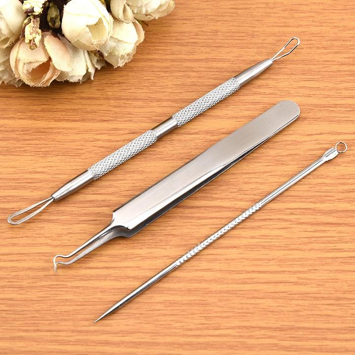 Bộ 3 Cây Que Nặn Mụn Bằng Thép Cao Cấp Không Gỉ Gồm 5 Đầu Chuyên Dụng Có Nhíp Gắp Cực Kì An Toàn