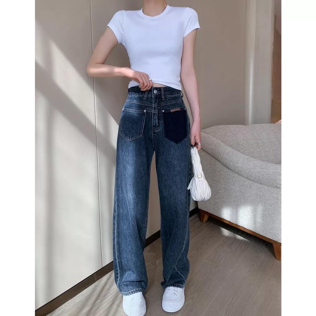 Quần Jeans Nữ Ống Rộng Túi Trước Mác Da Cạp Cao Dáng Suông
