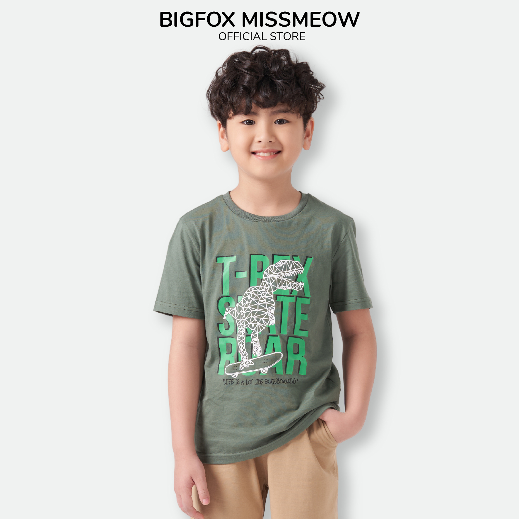 Bộ quần áo bé trai cộc tay BIGFOX - MISS MEOW size đại mặc nhà mùa hè chất cotton phong cách Âu Mỹ in khủng long T- Rex size trẻ em 3-11 tuổi 30kg 40kg QATE