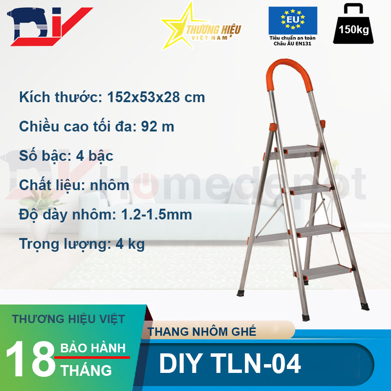 Thang nhôm ghế 4 bậc DIY TLN-04 chiều cao tối đa 92cm, tải trọng 150kg - Hàng chính hãng - đạt tiêu chuẩn an toàn Châu Âu