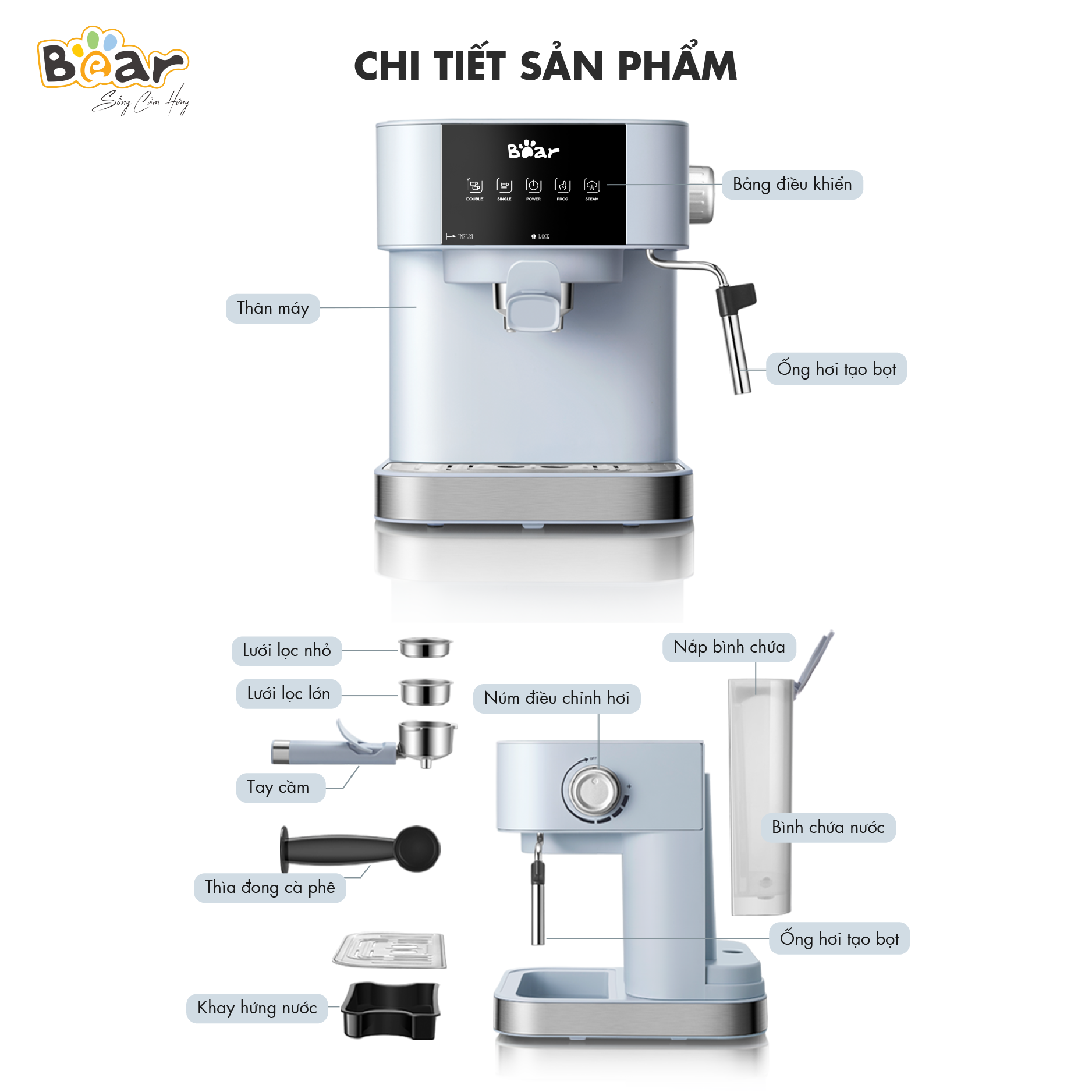 [Hàng Chính Hãng]Máy Pha Cà phê Tự Động Bear CF- B15V1. Pha Espresso, Americano, Cappuccino, Mocha, Latte – Xanh nhạt