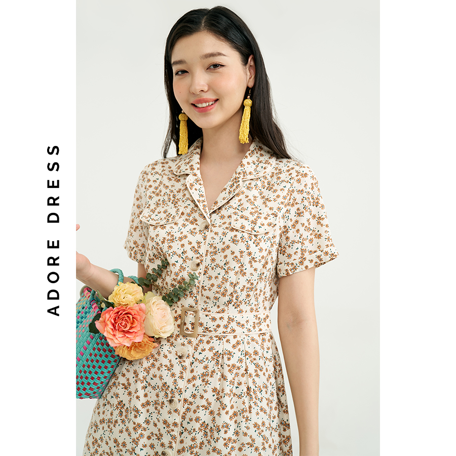 Đầm mini dresses lụa cream hoa nhí nâu cổ 2 ve 311DR1049  ADORE DRESS