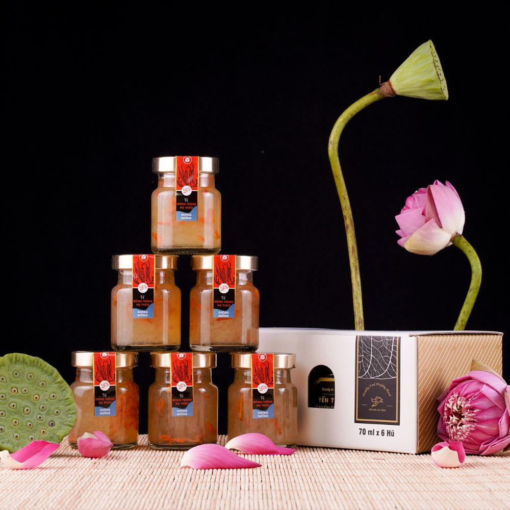 Hộp quà tặng sang trọng 6 hũ Yến chưng sẵn vị VIP Đông Trùng Hạ Thảo KHÔNG đường ĐẬM ĐẶC YẾN TƯƠI từ Yến Sào An Toàn
