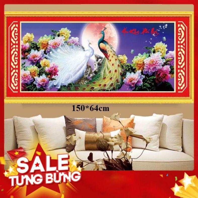 Tranh thêu chữ thập chim công tuyệt đẹp 150x64cm