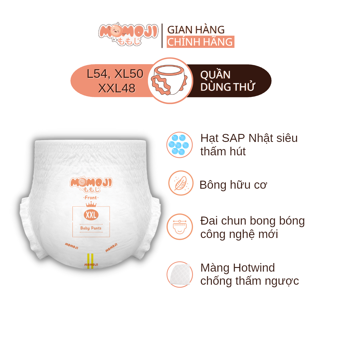 Tã Bỉm Quần Momoji Siêu thấm hút mẫu dùng thử tách miếng M56/L54/XL50/XXL48