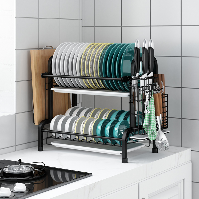 Kệ 2 tầng để chén bát bằng inox 304 cao cấp sơn tĩnh điện màu đen có kèm ống đựng đũa thìa và giá để dao thớt mâm và khay hứng nước bằng nhựa