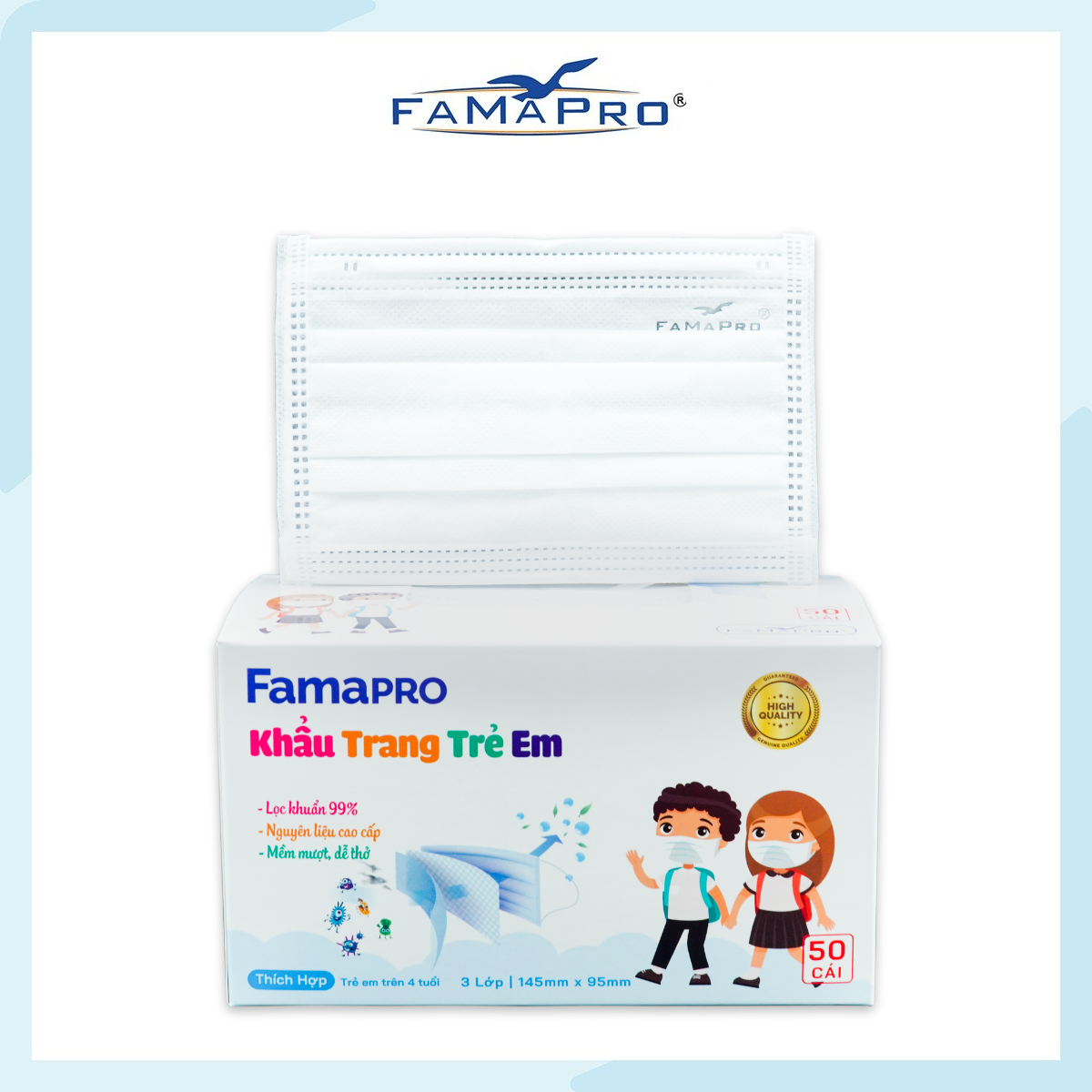 Khẩu trang y tế trẻ em cao cấp 3 lớp kháng khuẩn Famapro Max Kid
