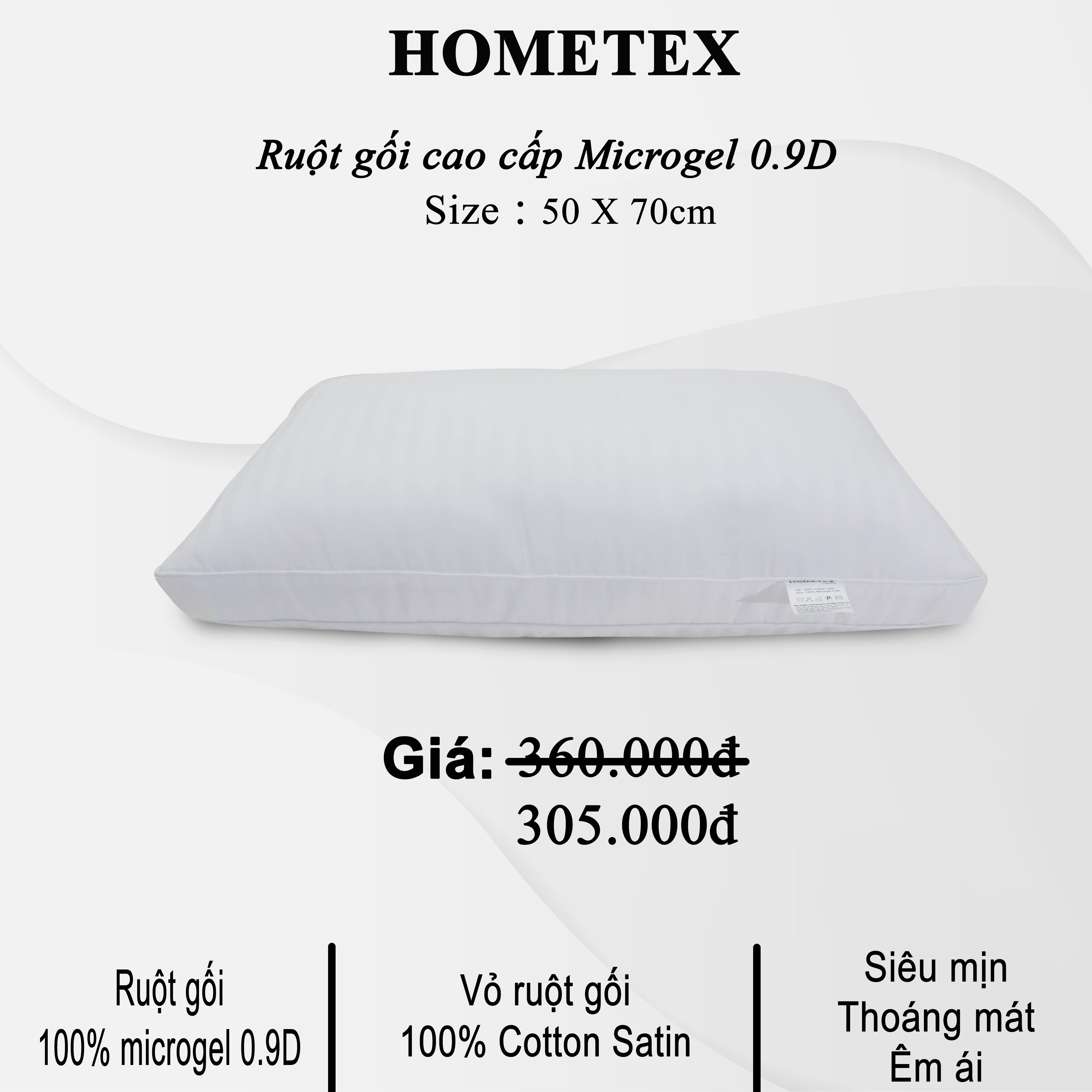 Ruột gối cao cấp Microgel size 50x70cm Hometex chính hãng hai viền siêu mềm