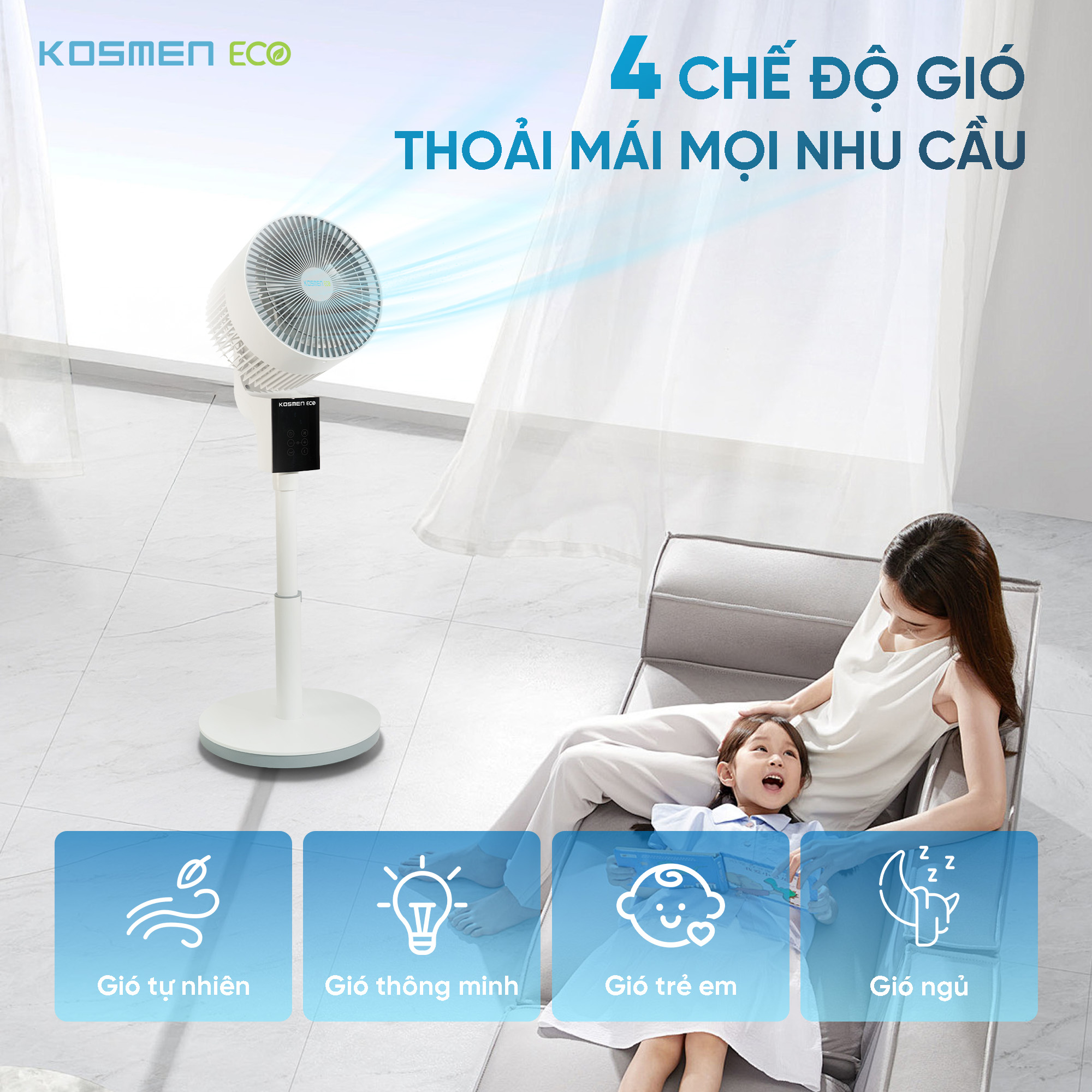 Quạt thông minh Kosmen ECO-F40AI-W AI điều khiển bằng giọng nói – Màu Trắng - Hàng Chính Hãng, Bảo Hành 1 Năm