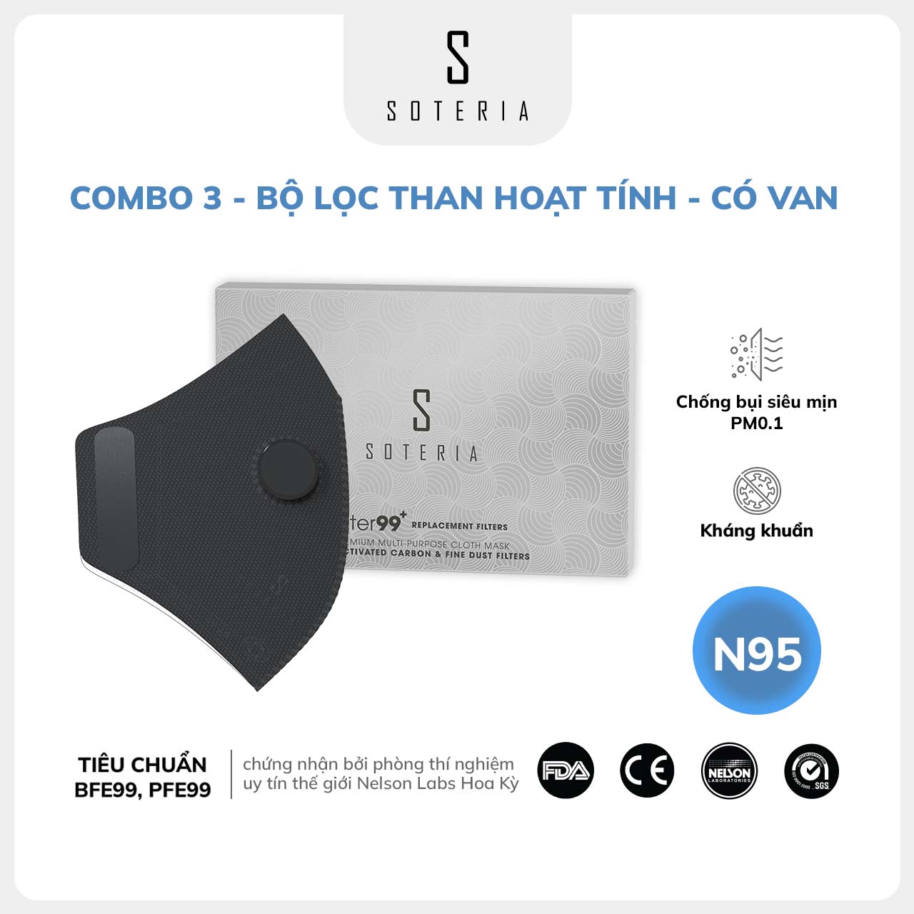 Bộ Lọc Soteria – Filter Có Van – Combo 3 – Bộ lọc đạt chuẩn Mỹ N95 BFE PFE 99 lọc đến 99 bụi mịn 0.1 micro, vi khuẩn, khí độc – M