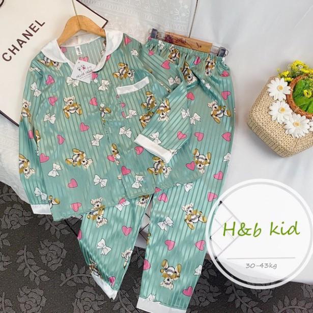 BỘ MẶC NHÀ PIJAMA DÀI TAY LỤA GẤM CAO CẤP CHO BÉ GÁI