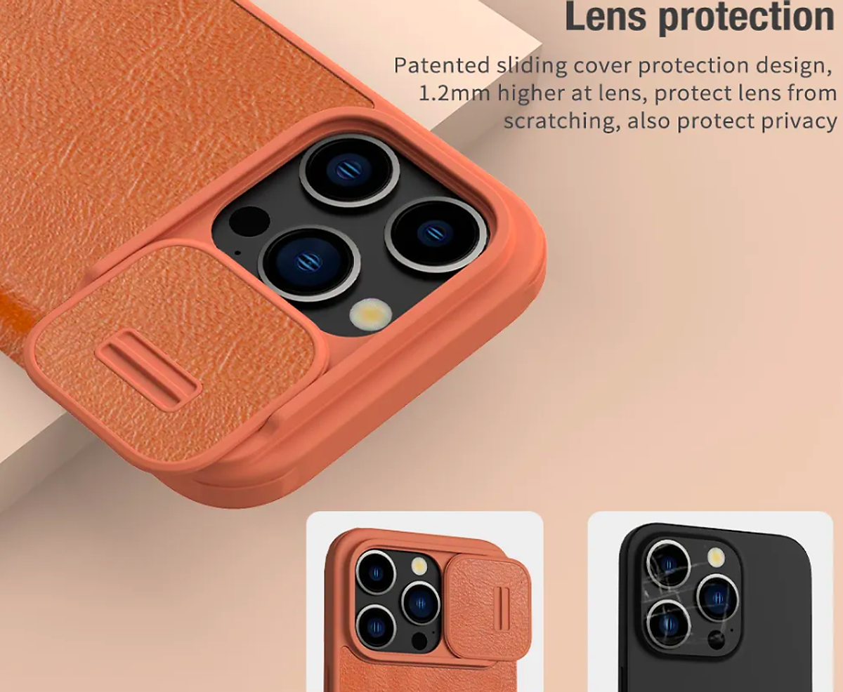 Bao da dành cho iPhone 15 Pro Max, 15 Pro hàng chính hãng Nillkin QIN có nắp trượt bảo vệ camera - Hàng nhập khẩu