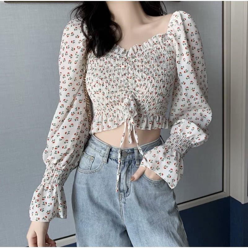Áo Croptop Cổ Vuông Trễ Vai Hoa Nhí Tay Dài Dây Rút Quảng Châu