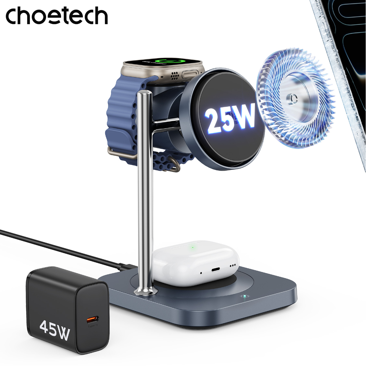Đế Sạc Không Dây 3in1 Choetech T641-G Qi2 25W – Sạc Nhanh Từ Tính, Làm Mát Chủ Động - Hàng chính hãng
