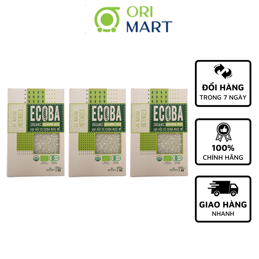 Combo 3 Gạo Hữu Cơ Ecoba Ngọc Mễ ORIMART Ecoba Organic Jasmine Rice Ngon Dẻo Đạt Chuẩn An Toàn Túi 1Kg