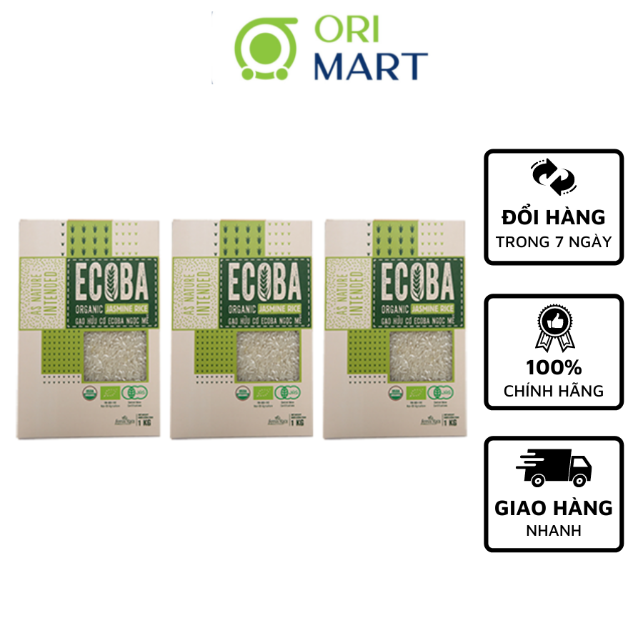 Combo 3 Gạo Hữu Cơ Ecoba Ngọc Mễ ORIMART Ecoba Organic Jasmine Rice Ngon Dẻo Đạt Chuẩn An Toàn Túi 1Kg