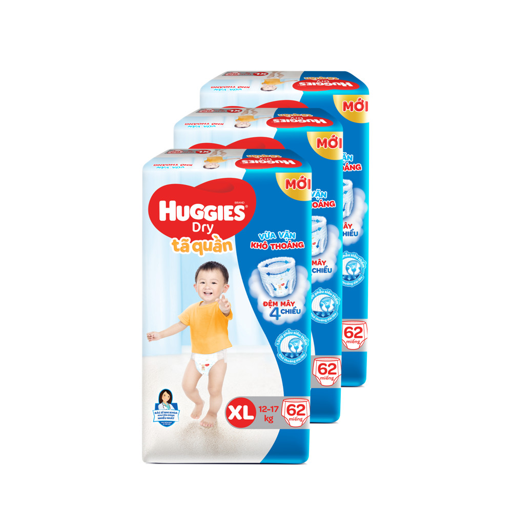 Combo 3 Tã quần HUGGIES DRY PANTS SUPER JUMBO XL62 (11 - 16kg)  - Gói 62 miếng