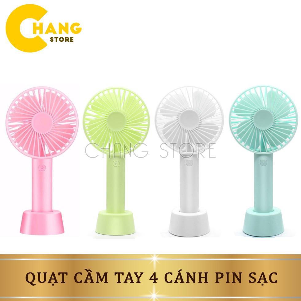 Quạt Cầm Tay Pin Sạc 4 Cánh 3 Tốc Độ Gió Có Đế Để Bàn, Quạt Để Bàn Pin Sạc USB Cao Cấp