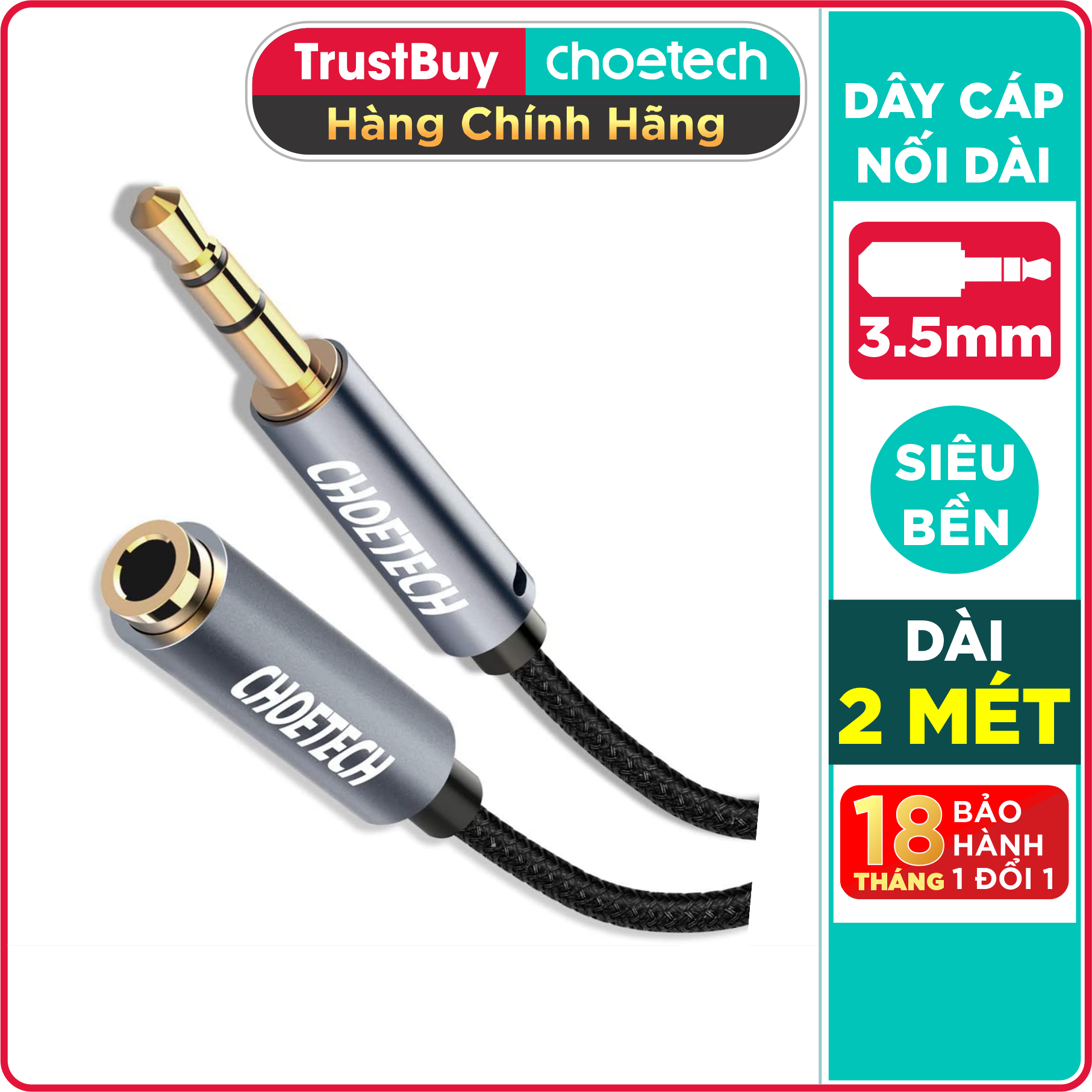 Dây Cáp Nối Dài Âm Thanh 3.5mm Dài 2M CHOETECH AUX001-BK - Hàng Chính Hãng