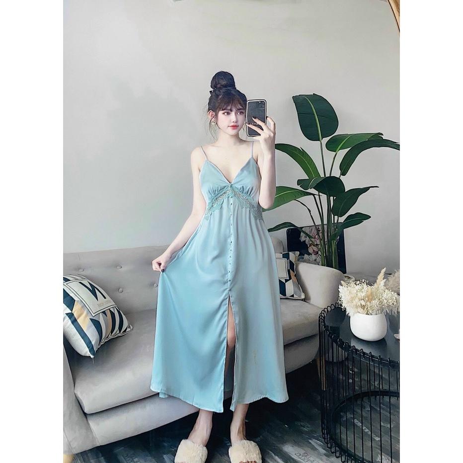 Váy 2 Dây Nữ Liền Thân Chất Lụa Trơn Cao Cấp Phối Ren Có Mút Ngực Váy Xẻ Tà Freesize QC533250