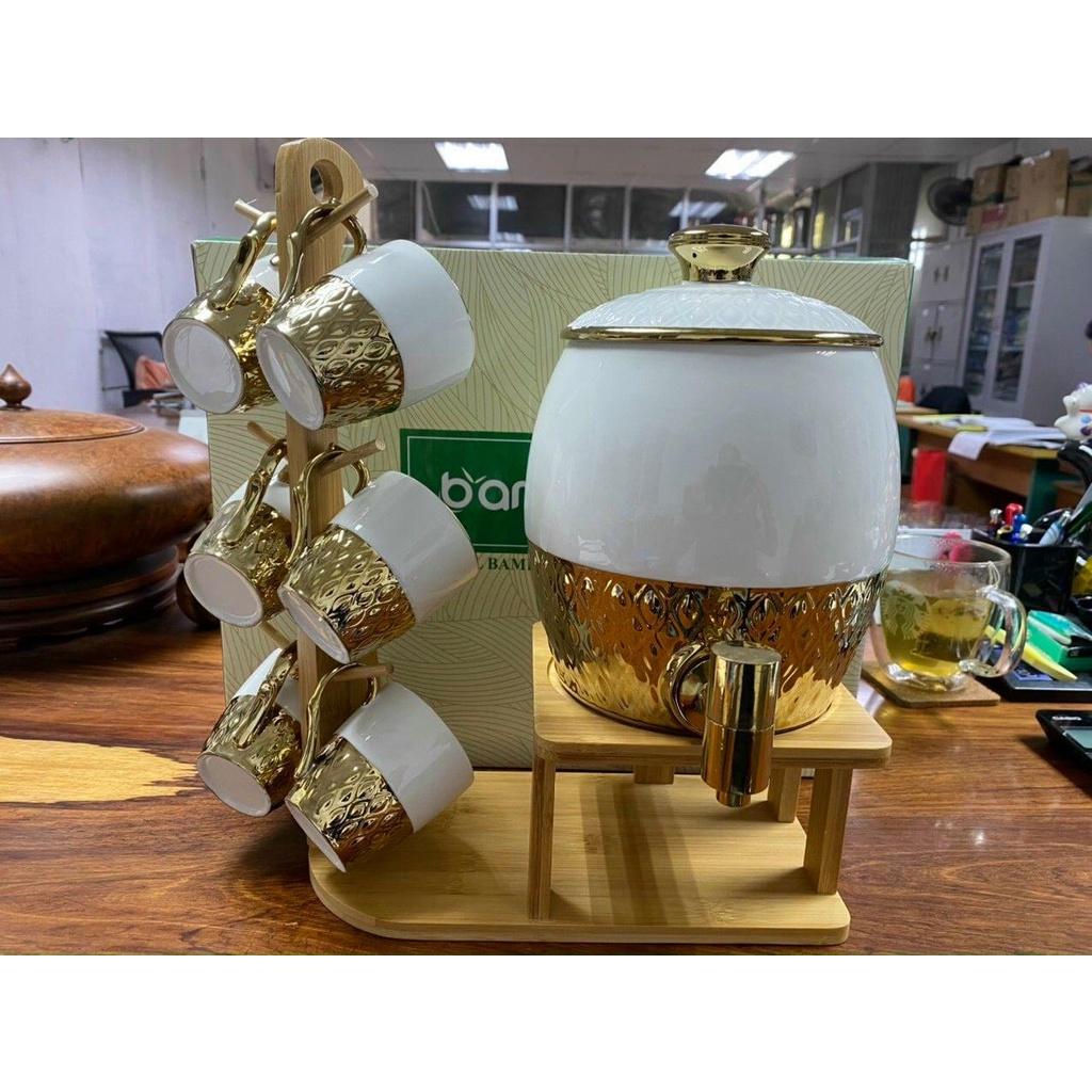 BỘ BÌNH TRÀ BOM, ĐỰNG NƯỚC UỐNG GỐM SỨ CAO CẤP CÓ VÒI, 6 CỐC VÁT VÀ GIÁ TREO CỐC TRẮNG