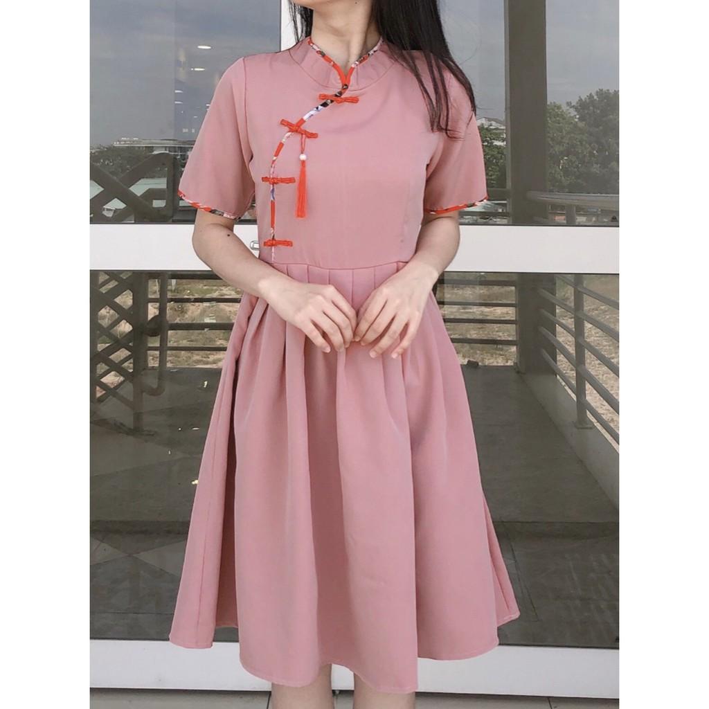 ĐẦM ĐŨI MỊN HANBOK NÚT TÀU CHÉO ĐỎ HỒNG NGÀY TẾT