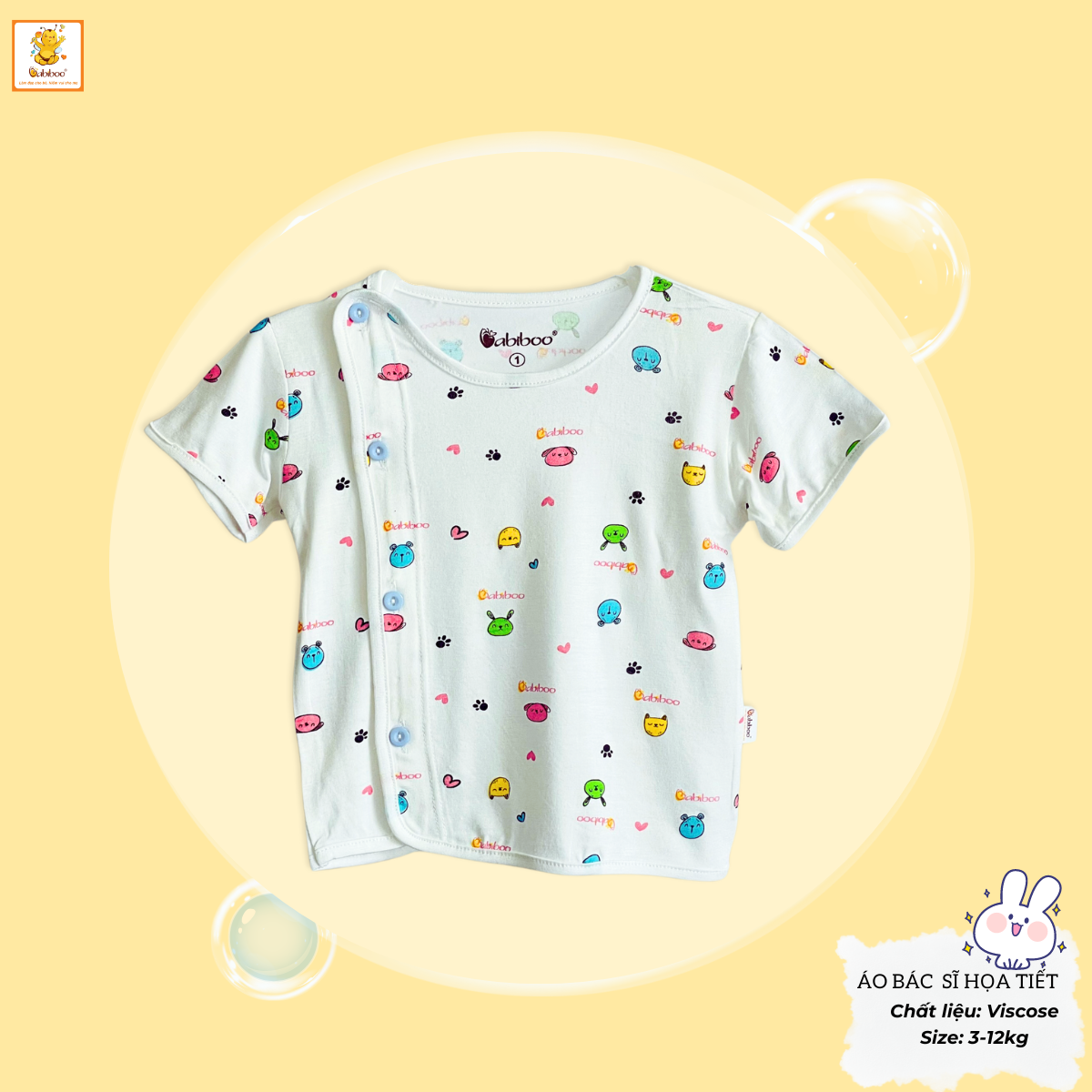 Áo sơ sinh tay ngắn Babiboo áo bác sĩ  vải visco mềm mịn, họa tiết xinh xắn BTK055