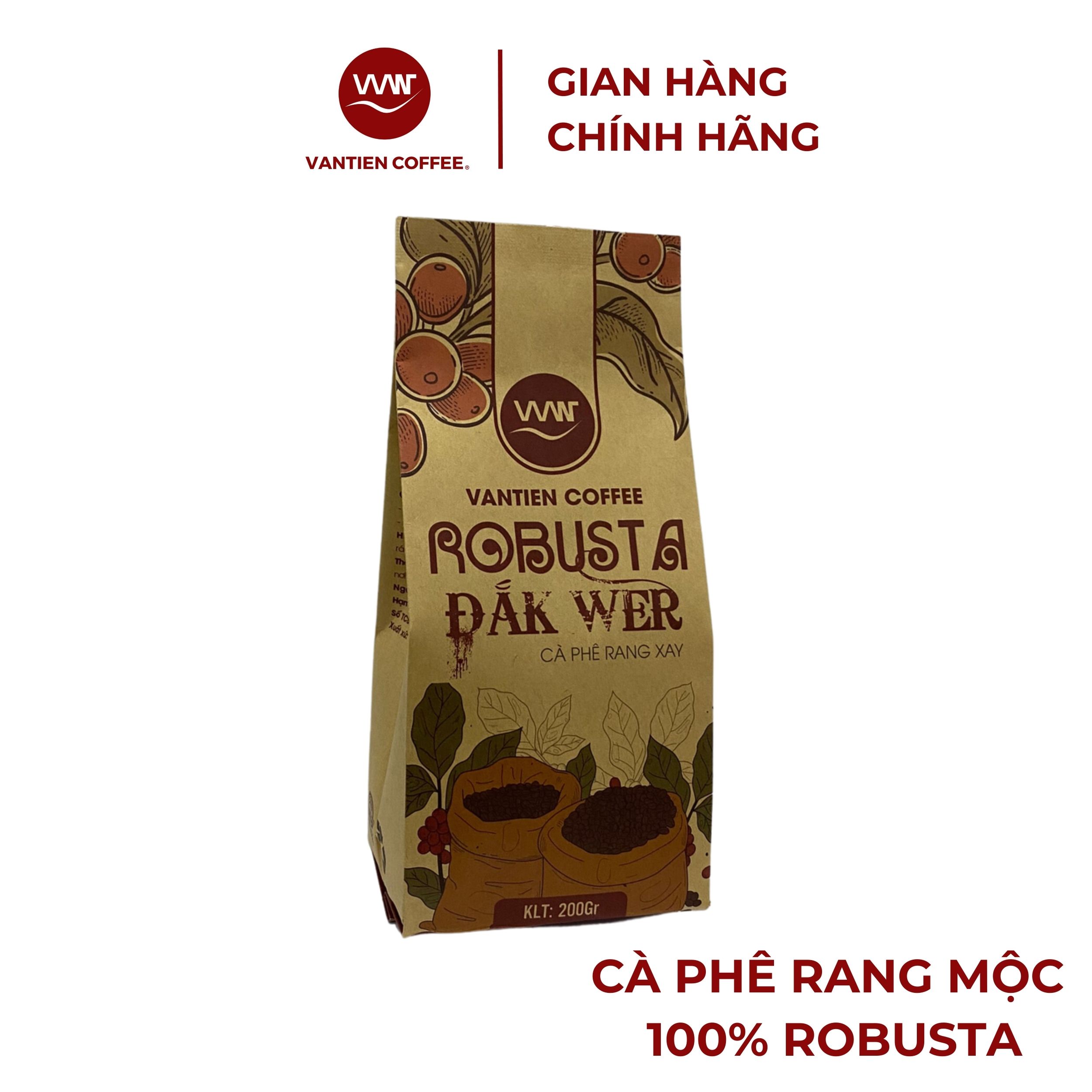 Cà phê rang xay Vantien Coffee Robusta Đắk Wer vị đắng mạnh, nhiều hàm lượng cafein 200g