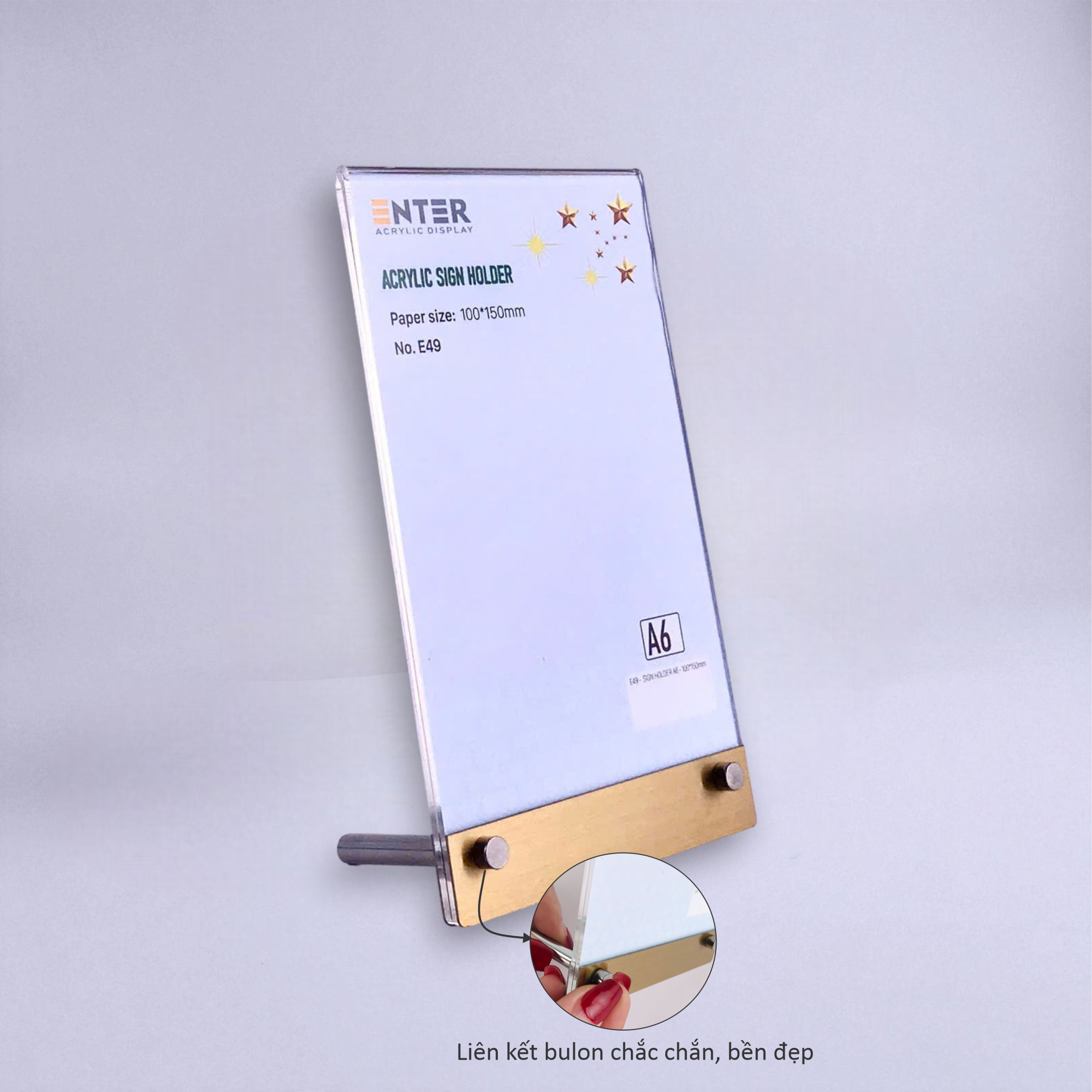 Kệ mica 1 mặt Enter E49 100x150mm liên kết bulon A6 đứng, Kệ menu nhà hàng, Standee mica để bàn, Bảng quét mã QR Code