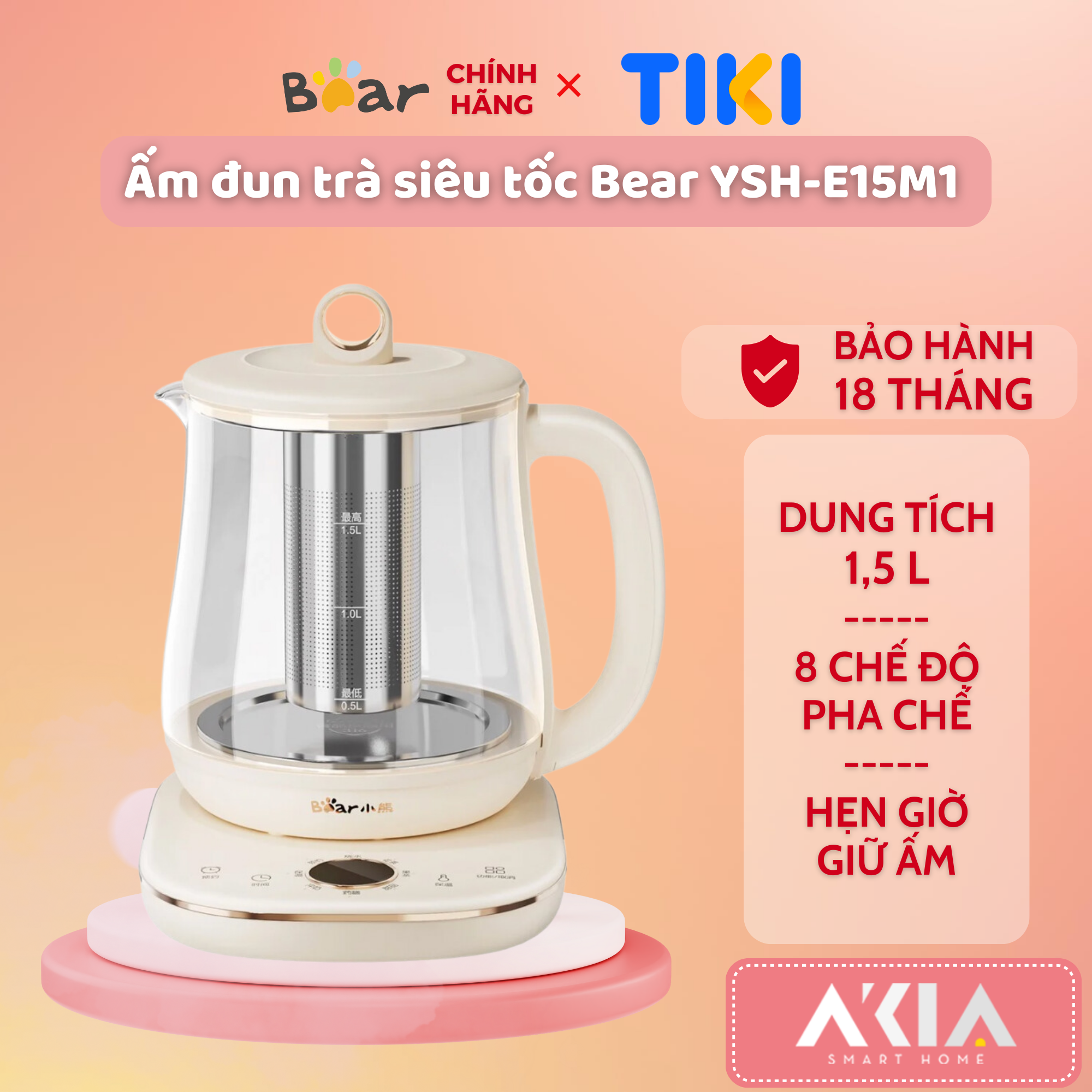 Ấm Pha Trà Siêu Tốc Bear YSH-E15M1 - Dung tích 1.5L, Hẹn giờ, Giữ ấm - Hàng Chính Hãng