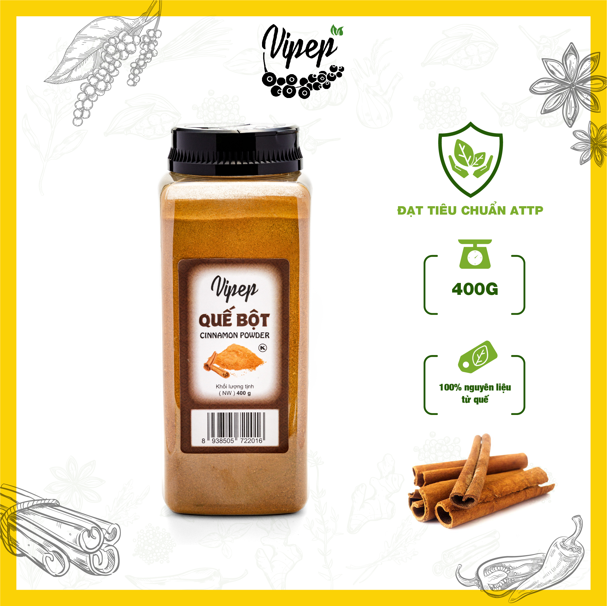 Bột quế Vipep 400g xay nhuyễn từ vỏ quế nguyên chất, ướp thực phẩm, tăng thêm hương vị cho món ăn