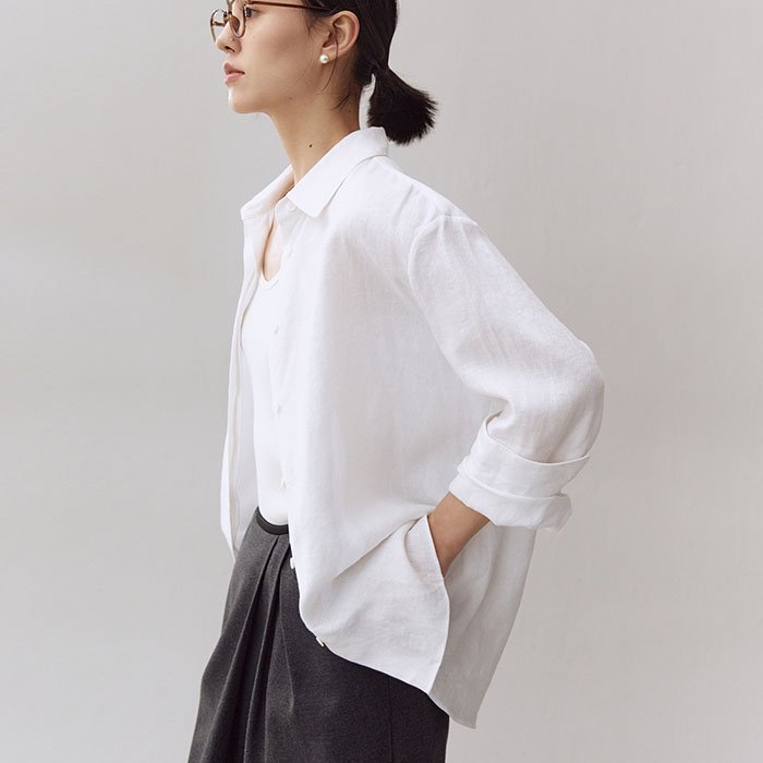 Áo sơ mi công sở nữ Basic Form rộng trễ vai, chất vải Linen tưng Hàn mềm mát, thích hợp mùa hè