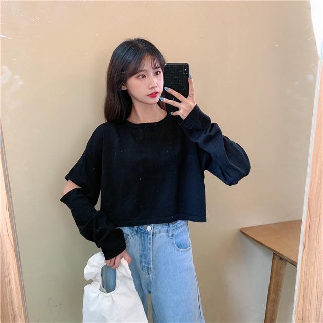 Áo len gân croptop cut-out tay cá tính mẫu thu đông 2020