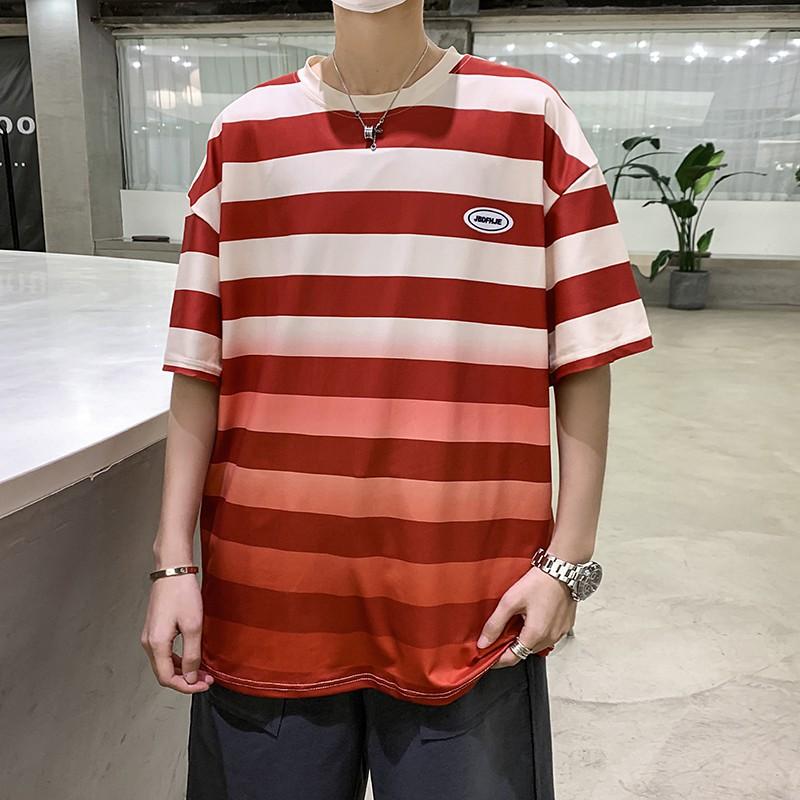 Áo Thun Nam Tay Ngắn Dáng Rộng Họa Tiết Sọc Ngang Thời Trang