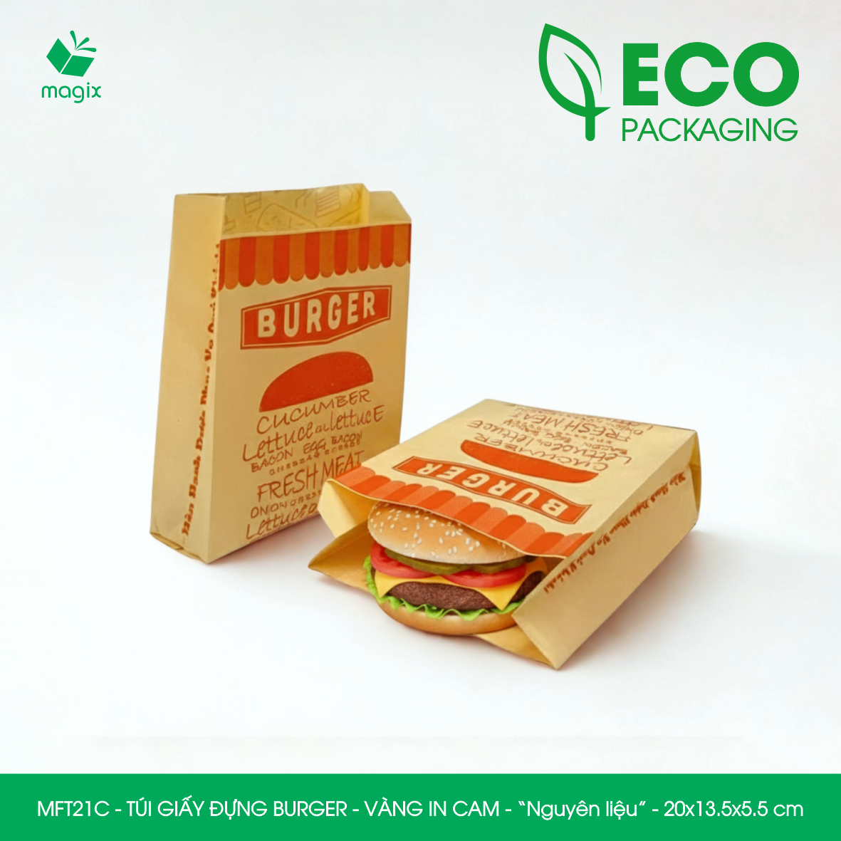 MFT21C - 20x13.5x5.5 cm - 1000 Túi giấy Kraft đựng hamburger, túi giấy burger, túi đựng thực phẩm