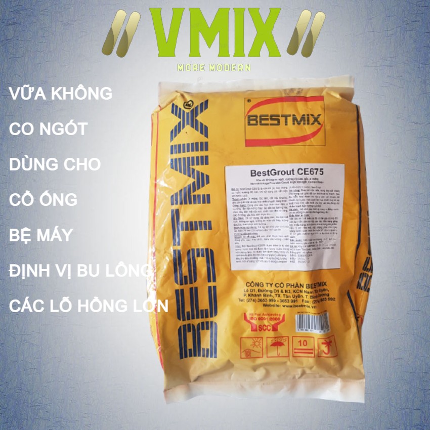 Vữa không co ngót cường độ cao gốc xi măng ,Bestgrout ce675,Định vị bu-lông,Lắp đặt móng máy,Lắp đặt bệ đường ray,Chèn đáy bản mã đầu cột,Các khe hở rộng,Các lỗ hổng lớn.Vmixeco