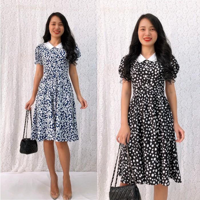 Đầm xòe họa tiết  cổ phối ren, tay phồng trẻ trung