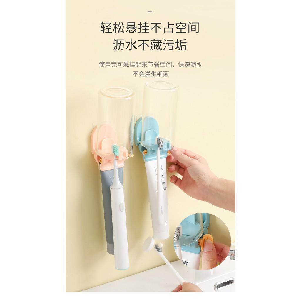 Kệ Để Bàn Chải Và Cốc Đánh Răng Kèm Đồ Nặn Kem Đánh Răng Nhỏ Gọn Dán Tường Tiện Lợi