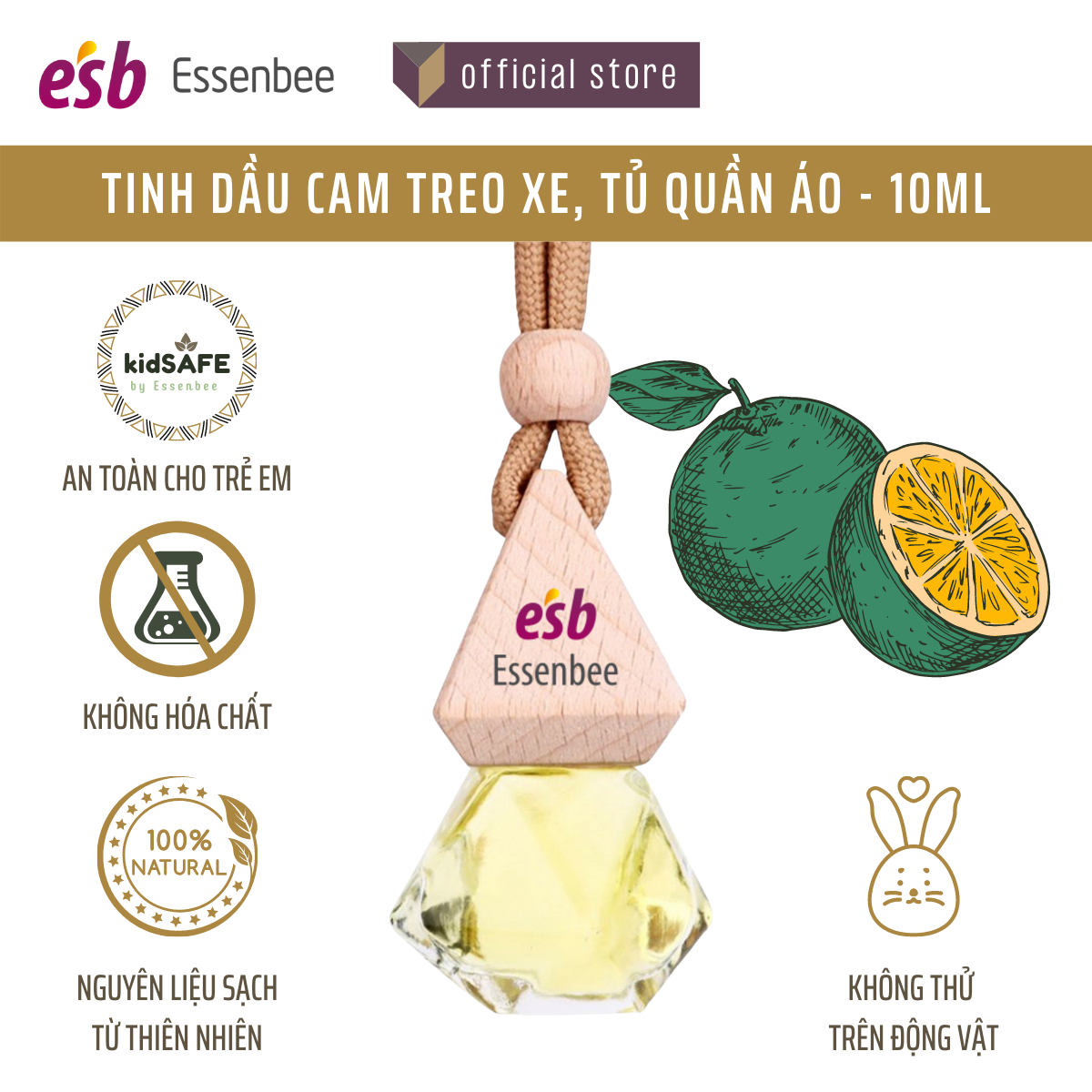 Tinh dầu Cam treo xe, treo tủ quần áo - Essenbee - 10ml